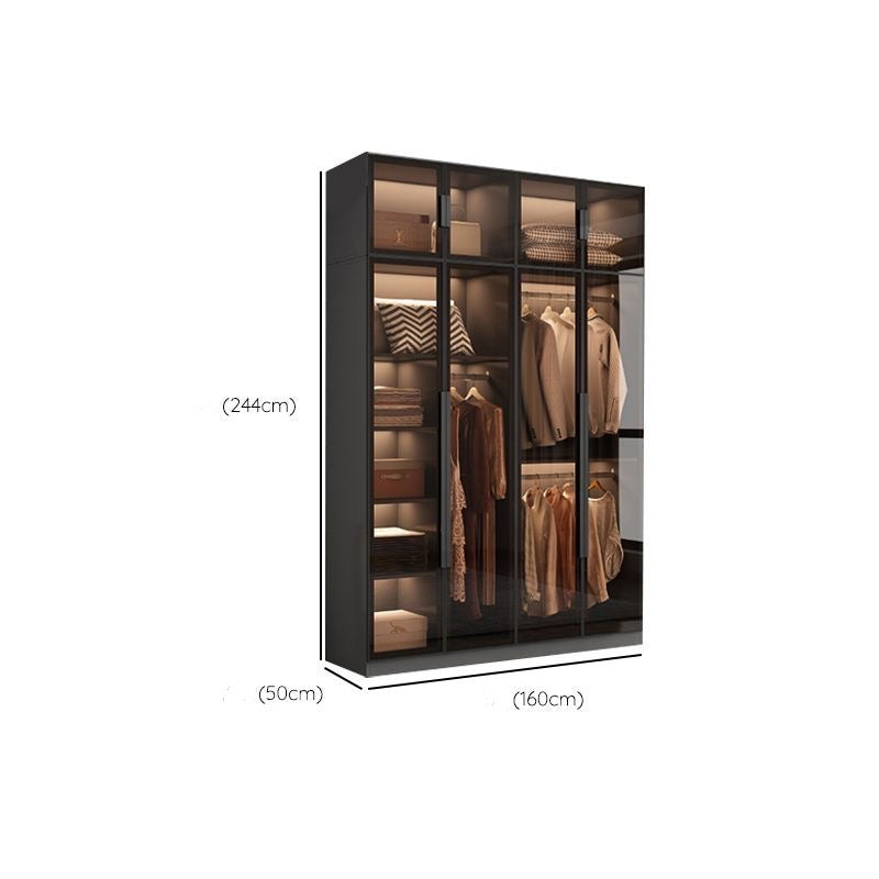 Freestanding Grey Wood Frame Wardrobe Modern Multifunctional Wardrobe with Glass Doors